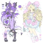  1boy 1girl alternate_costume angel_wings animal_ears animification armband asymmetrical_legwear badge black_dress black_shoes black_thighhighs blonde_hair bow breasts button_badge cameo character_doll checkered_bow checkered_clothes chinese_commentary cleavage colored_skin commentary_request cosplay crossdressing crossdressing_(mtf) curly_hair demon_wings dimension107 doll dress fake_animal_ears frilled_dress frills full_body gloves hair_bow hair_ornament hairband hairclip heart heart_hair_ornament highres hime_lolita humanization kuromi kuromi_(cosplay) leg_warmers lolita_fashion lolita_hairband long_hair long_sleeves looking_at_viewer mary_janes minecraft_youtube mismatched_legwear my_melody my_melody_(cosplay) my_melody_(series) neckerchief pastel_colors pink_dress pink_shoes pointy_ears princezam purple_armband purple_bow purple_eyes purple_hair purple_leg_warmers purple_neckerchief purple_ribbon purple_sleeves purple_thighhighs rabbit_ears ribbon ringlets sanrio shoes simple_background skull_hair_ornament small_breasts smile smiley_face socks spiked_shoes spikes standing striped_clothes striped_thighhighs stuffed_animal stuffed_rabbit stuffed_toy subcul_jirai sweet_lolita thighhighs trap unstable_universe very_long_hair wemmbu white_background white_gloves white_socks wings yellow_eyes yellow_skin yume_kawaii 