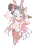  1girl absurdres animal_ears armpits arms_up bare_shoulders bikini blue_eyes blush breasts cleavage colored_inner_hair commentary ears_through_headwear foreshortening front-tie_bikini_top front-tie_top full_body hair_ornament hairclip halterneck hat highres jewelry karyln large_breasts long_hair looking_at_viewer multi-strapped_bikini_top multicolored_hair navel necklace pink_hair rabbit_ears rabbit_pose sandals scrunchie side-tie_bikini_bottom simple_background solo starfish stargazer_(company) stomach straw_hat string_bikini sun_hat sweat sweatdrop swimsuit thigh_strap thighs triangle_bikini_top untranslatable_commentary usami_miyu very_long_hair virtual_youtuber white_background white_bikini white_hair wrist_scrunchie 