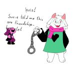 2026 2_horns 4_fingers anthro armband black_text bovid bracelet caprine clothed clothed_anthro clothed_female clothed_male clothing cuff_(restraint) cute_fangs deltarune dialogue digital_media_(artwork) duo english_text fangs female fingers flesh_fang fur goat hair hand_behind_back handcuffs head_tuft heart_on_clothing heart_symbol holding_handcuffs holding_object horn humor jewelry just_a_leafeon_with_a_hat laugh male mammal meme metal_cuffs microsoft_paint_(artwork) open_mouth open_smile pink_body pink_eyes pink_horn pink_scarf ralsei reptile restraints robe scalie scarf simple_background smile spiked_armband spiked_bracelet spikes standing susie_(deltarune) tail teeth text tuft undertale_(series) white_background white_body white_fur