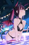  1girl azki_(hololive) azki_(little_devil)_(hololive) bikini black_bikini black_hair blue_eyes breasts buckle closed_mouth commentary_request highres hololive horns leaning_forward medium_breasts mille multicolored_hair navel night outdoors palm_tree pink_horns pink_streaks pink_wings pool profile simple_background smile solo straight_hair streaked_hair string_of_light_bulbs swimsuit tree virtual_youtuber wading water wings 