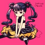  1girl baggy_pants black_hair braid braided_hair_rings commentary_request crop_top dated flat_chest hair_rings kiguchi_(aprico) long_hair midriff monk_(sekaiju) monk_2_(sekaiju) open_mouth orange_pants pants pink_background sekaiju_no_meikyuu sekaiju_no_meikyuu_3 simple_background sitting solo v-shaped_eyebrows v_arms 