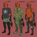 absurd_res anthro bdsm big_bulge bondage bottomwear bound bulge camo canid canine clothing collar crye_precision english_text eyeliner flame_pattern fur gloves green_eyes handwear harness hi_res jacket jockstrap latex legwear makeup male mammal model_sheet multiple_piercings muzzle_(object) off_white orange_body orange_fur piercing scar scrim_(scrim_arts) scrim_arts shirt shorts solo t-shirt text thigh_highs topwear underwear