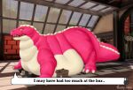 anxiety_cat1127 conrad_(drag'n_wash) dialogue drag'n_wash dragon english_text feral gator_dragon_games hi_res male morbidly_obese morbidly_obese_feral morbidly_obese_male mythological_creature mythological_scalie mythology obese obese_feral obese_male open_mouth overweight overweight_feral overweight_male pink_body scalie solo standing talking_to_viewer text tongue tongue_out