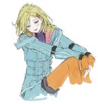  1other androgynous black_shirt black_shorts blonde_hair blue_coat blue_shorts blush coat commentary_request dochisukii fingerless_gloves gloves gnosia hair_ornament hairclip korean_commentary leggings long_sleeves looking_at_viewer medium_hair multicolored_shirt multicolored_shorts open_mouth orange_gloves orange_leggings pink_eyes purple_shirt setsu_(gnosia) shirt shorts simple_background sitting sketch smile solo turtleneck white_background 