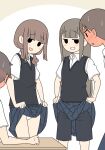  2boys 2girls accident black_eyes black_shorts black_sweater_vest blue_skirt blunt_bangs blush breasts brown_hair cameltoe clothes_lift collared_shirt commentary_request desk feet_out_of_frame full-face_blush furrowed_brow grin gym_shorts hair_over_shoulder juukyuu lifting_own_clothes long_hair looking_at_another low_twintails medium_hair mob_face multiple_boys multiple_girls no_pupils no_sclera open_mouth original panties pleated_skirt raised_eyebrows school_uniform shirt short_hair short_sleeves short_twintails shorts shorts_under_skirt sidelocks simple_background sitting skirt skirt_lift small_breasts smile standing sweat sweater_vest twintails underwear white_background white_panties white_shirt 
