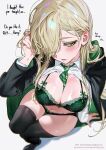  1girl absurdres black_thighhighs blonde_hair blush bow bow_bra bow_panties bra breasts cleavage collared_shirt colored_eyelashes commentary english_commentary english_text genderswap genderswap_(mtf) green_bow green_bra green_eyes green_necktie green_panties grey_background hair_over_one_eye hand_in_own_hair hand_up harry_potter_(series) highres hogwarts_school_uniform lace-trimmed_bra lace-trimmed_panties lace_trim large_breasts long_hair long_sleeves malfoid navel necktie one_eye_covered paid_reward_available panties parted_lips qiandaiyiyu school_uniform shirt solo striped_clothes striped_necktie sweat thighhighs thighs underwear white_shirt wizarding_world 
