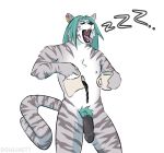 absurd_res anthro belly beverage blue_hair coffee coffee_mug dowlgrett ear_piercing ear_ring eyes_closed fangs felid flaccid genitals grey_body hair hi_res holding_object long_hair male mammal open_mouth pantherine penis piercing pouring pubes ring_piercing sleeping solo sound_effects standing stripes tail teeth tiger tired tongue tongue_out vowelless vowelless_sound_effect white_belly yawn zared_sabretooth zzz