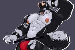 abs anthro balls biceps black_body black_claws black_sclera bracelet canid canine canis claws clothing countershading eyebrows finger_claws genitals grey_background hi_res horn hotpudim_(artist) jewelry jockstrap looking_at_viewer lupino_kurayami male mammal multicolored_body muscular muscular_male navel nipple_piercing nipple_ring nipples outline pecs penis piercing ring_piercing simple_background solo spiked_bracelet spikes tail teeth two_tone_body underwear white_body white_countershading white_eyes white_outline wolf