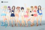  22/7 3d 6+girls :d ahoge aqua_eyes aqua_hair arm_up bikini bikini_bottom_under_shorts bikini_under_clothes black_bikini black_hair blonde_hair blue_bikini blue_shorts bow bow_hairband brown_eyes brown_hair center-flap_bangs checkered_bikini checkered_clothes closed_mouth collarbone copyright_logo copyright_name copyright_notice crescent crescent_hair_ornament curtained_hair double_v earrings eyewear_on_head fanged_bangs frilled_bikini frills fujima_sakura full_body gradient_hair green_eyes green_hair grey_background grey_eyes grey_hair hair_between_eyes hair_bow hair_ornament hairband hairclip high_ponytail highres himuro_mizuki ichinose_hotaru jewelry kiryu_touko logo long_hair looking_at_viewer mole mole_under_eye multicolored_hair multiple_girls nishiura_sora official_art one-piece_swimsuit one_side_up open_mouth orange_bikini orange_hair orihara_sumika outstretched_arm parted_bangs pink_bikini pink_hair ponytail purple_eyes purple_hair sailor_bikini sailor_collar sandals sera_honoka short_hair shorts smile standing standing_on_one_leg streaked_hair striped_bikini striped_clothes sunglasses swimsuit takigawa_miu two-tone_hair two_side_up v vertical-striped_bikini vertical-striped_clothes w_arms wavy_hair white_bikini white_bow white_hairband white_one-piece_swimsuit 