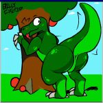 big_butt big_tail billycheckers butt derik digital_media_(artwork) dinosaur dromaeosaurid feet feral field green_body male pixel_(artwork) plant prehistoric_species presenting presenting_balls presenting_hindquarters reptile saurischian scalie solo tail talon_hands talons theropod toes tree velociraptor