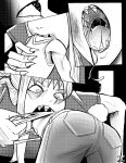 2021 animal_humanoid big_breasts bodily_fluids braces breasts canid canid_humanoid canine canine_humanoid clothed clothed_female clothed_humanoid clothing comic dripping eyewear female female_humanoid female_pred hair head_first hi_res humanoid humanoid_pred humanoid_prey kronguss lagomorph lagomorph_humanoid larger_female larger_humanoid larger_pred leporid_humanoid long_hair male male_prey mammal mammal_humanoid monochrome mouth_shot open_mouth oral_vore ponytail rabbit_humanoid saliva saliva_drip saliva_string sharp_teeth shirt size_difference smaller_humanoid smaller_male t-shirt tearing_clothing teeth topwear torn_clothing vore wolf_humanoid