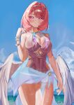  1girl absurdres bare_shoulders beach blue_sky breasts cleavage commentary day feathered_wings frilled_one-piece_swimsuit frills hair_intakes hair_ornament hand_up highres large_breasts looking_at_viewer medium_hair official_alternate_costume okita_souogo12 one-piece_swimsuit outdoors pink_hair pointy_ears purple_eyes purple_sarong remielle_dan remielle_dan_(seashade_pas_seul) sarong shell shell_hair_ornament sky solo swimsuit water white_one-piece_swimsuit white_wings wings zenless_zone_zero 