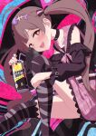  1girl :d absurdres ahoge alcohol belt black_belt black_collar black_nails black_shirt black_thighhighs blush brown_eyes brown_hair can collar commentary_request drink drink_can drinking_straw fingernails fish_skeleton_hair_ornament hair_ornament hakozaki_serika hakozaki_serika_(everyone_is_special) heart heart-shaped_pupils highres holding holding_can holding_drink idolmaster idolmaster_million_live! idolmaster_million_live!_theater_days jirai_kei kasabutap knee_up long_hair looking_at_viewer miniskirt mojibake_commentary nail_polish official_alternate_costume open_mouth pink_sailor_collar pink_skirt plaid_clothes plaid_sailor_collar plaid_skirt sailor_collar shirt sitting skirt smile solo striped_clothes striped_thighhighs strong_zero symbol-shaped_pupils thighhighs tongue twintails underage_drinking very_long_hair 