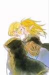  1boy 1girl armor black_cloak black_sweater braid champion's_tunic_(zelda) cloak closed_eyes commentary_request couple crown_braid earrings hair_ornament hairclip hetero highres hood hood_down hooded_cloak jewelry kiss leather_armor link long_hair mouyi parted_bangs pointy_ears princess_zelda ribbed_sweater short_hair shoulder_armor sidelocks sweater the_legend_of_zelda the_legend_of_zelda:_tears_of_the_kingdom turtleneck turtleneck_sweater upper_body white_background 