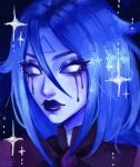  1girl absurdres blue_hair blue_sclera blue_skin closed_mouth colored_sclera colored_skin deadlock_(game) facial_mark forehead_mark ghost_girl hair_between_eyes highres kerrakatt lipstick long_hair looking_at_viewer makeup mascara no_pupils runny_makeup solo sparkle triangle triangle_facial_mark vindicta_(deadlock) white_eyes 