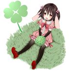  alternate_costume animal_ears bad_id bad_pixiv_id black_gloves black_hair black_legwear bow bowtie brown_hair bunny_ears carrot clover elbow_gloves four-leaf_clover from_above gloves highres inaba_tewi open_mouth pokachu red_eyes short_hair sitting solo thighhighs touhou 