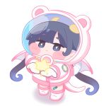  1girl bandaid bandaid_on_leg black_eyes black_hair blush_stickers boots bright_pupils chibi chibi_only commentary_request dragon_girl dragon_horns dragon_tail dragon_wings full_body harf helmet highres horns incoming_gift jacket kidian_(trickcal) korean_commentary long_hair looking_at_viewer pink_boots pink_jacket smile solo space_helmet star_(symbol) tail trickcal twintails white_background white_pupils wings 