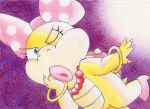 2022 anthro biped blue_eyes claws clothing colored_pencil_(artwork) dragon_koopa dutch_angle featureless_crotch female finger_claws footwear gem hi_res high_heels japanese_description jewelry koopa lips mario_bros mostly_nude necklace nintendo one_eye_closed open_mouth pearl_(gem) pearl_necklace pink_bow pink_clothing pink_footwear pink_high_heels pink_lips pink_shell polka_dot_bow pose ribbon1984 scalie shell shoes solo spiked_shell spikes spikes_(anatomy) tail thick_lips traditional_media_(artwork) wink yellow_body