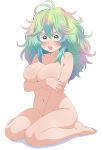  1girl :o absurdres barefoot between_legs blush boku_no_hero_academia breasts commentary_request completely_nude covering_breasts covering_privates double-parted_bangs fluffy_hair full_body green_eyes green_hair hagakure_toru hand_between_own_legs highres large_breasts long_hair looking_at_viewer navel nude open_mouth r_amaji simple_background sitting solo wariza white_background wide-eyed 
