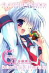  2000s_(style) :d ;d arm_above_head artist_name blue_hair blue_sailor_collar blush copyright_name cube_x_cursed_x_curious fang fang_out fear_kubrick hair_intakes holding holding_toy long_hair looking_at_viewer necktie official_art one_eye_closed pink_eyes rubik's_cube sailor_collar sasorigatame school_uniform serafuku smile toy white_serafuku 
