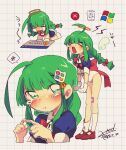  >_< 1girl ahoge angel_wings ankle_socks arrow_(symbol) bandaid bandaid_on_knee bandaid_on_leg blue_shirt blunt_bangs braid brooch closed_eyes collared_shirt commentary_request crying detached_wings fang gloves green_eyes grid_background hair_ribbon halo highres huge_ahoge icon_(computing) index_fingers_together jewelry kmd_tale kneeling leotard long_hair long_sidelocks looking_at_viewer loose_socks low_twin_braids me-tan microsoft_windows multiple_views open_mouth os-tan pout recycle_bin recycling_symbol red_ribbon red_shoes ribbon sad shirt shoes sidelocks signature socks speech_bubble spoken_squiggle squiggle streaming_tears teardrop tearing_up tears traditional_halo translation_request trash_can twin_braids white_gloves white_leotard windows_classic windows_logo windows_me wings 