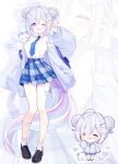  1girl ahoge arnyang_(ayatsuno_yuni) ayatsuno_yuni bandaid bandaid_on_leg bandaid_on_thigh black_shoes blue_bow blue_necktie blue_skirt bow breasts chibi chibi_inset collared_shirt commentary cross-shaped_pupils double_bun flower full_body hair_bun hair_flower hair_ornament hairclip heart highres horse_tail jacket large_breasts loafers long_sleeves necktie one_eye_closed open_clothes open_jacket open_mouth plaid_clothes plaid_skirt pleated_skirt purple_bow purple_eyes purple_jacket shirt shoes simple_background skirt socks stellive subin_(subin_2011) symbol-shaped_pupils tail untranslatable_commentary v virtual_youtuber white_background white_hair white_shirt white_socks wing_hair_ornament zoom_layer 