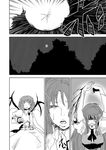  aura battle blood bow braid comic cuts dress energy fighting_stance greyscale hair_bow hong_meiling injury long_hair monochrome multiple_girls remilia_scarlet slit_pupils touhou translated wings yokochou 