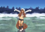 absurd_res anthro apogee_(tinygaypirate) bottomwear bridge_piercing brown_body brown_eyes brown_hair canid canine canis canvas_shoes cheek_piercing cheek_tuft clothing countershade_legs countershade_torso countershading cropped_hoodie depth_of_field domestic_dog eyebrow_through_hair eyebrows eyelashes eyelashes_through_hair facial_piercing facial_tattoo facial_tuft female field fluffy fluffy_tail freckled_face freckles fur grass grin hair hi_res hip_tattoo hip_tuft hood_up hotpants knee_tuft leg_tattoo leg_tuft leg_warmers legwear long_tail looking_at_viewer mammal midriff mottled mottled_nose nature navel neck_tattoo nose_piercing outside patch_(marking) piercing plant raised_arms shorts slim smile snow solo spitz spread_arms tail tan_body tan_fur tattoo tinygaypirate translucent translucent_hair tuft waist_tattoo wide_hips