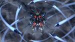  absurdres arms_at_sides bit_(gundam) chinese_commentary commentary_request denh dust_cloud full_body glowing glowing_eyes green_eyes gundam gundam_aerial_rebuild gundam_suisei_no_majo hangar highres indoors mecha mecha_focus mobile_suit no_humans robot scene_reference science_fiction solo standing v-fin 