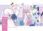  5girls alternate_hairstyle angelica_(honzuki_no_gekokujou) back_bow backless_dress backless_outfit blue_hair bouquet bow bridal_veil brown_hair closed_mouth commentary_request contemporary cover cover_page cursive doujin_cover dress elbow_gloves english_text flower gloves green_eyes green_hair hair_bun hair_flower hair_ornament hair_up hannelore_(honzuki_no_gekokujou) hat highres holding holding_bouquet holding_own_hair honzuki_no_gekokujou horse lieseleta_(honzuki_no_gekokujou) long_dress long_hair looking_at_viewer multiple_girls myne_(honzuki_no_gekokujou) off-shoulder_dress off_shoulder partial_commentary philine_(honzuki_no_gekokujo) pink_hair san+ short_hair short_sleeves sitting smile speech_bubble standing veil wedding_dress white_bow white_dress white_gloves white_hat yellow_eyes 