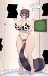 2023 5:8 after_transformation animal_humanoid animal_print artist_name big_breasts bikini bikini_thong breasts brown_eyes brown_hair canid canid_humanoid canine canine_humanoid clothed clothed_female clothed_humanoid clothing colored cow_print curvy_figure dialogue digital_drawing_(artwork) digital_media_(artwork) dressing english_text female female_humanoid front_view hair hi_res hourglass_figure huge_breasts huge_hips humanoid inside looking_at_self looking_down mammal mammal_humanoid mouth_closed navel runningtoaster screen solo speech_bubble standing swimwear tail tanuki_humanoid text tiptoes two-piece_swimsuit underwear wide_hips year