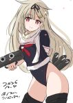  1girl absurdres adapted_costume black_leotard black_serafuku black_shirt blonde_hair commentary_request dated hair_flaps highleg highleg_leotard highres kantai_collection leotard leotard_under_clothes long_hair one-hour_drawing_challenge red_eyes ron_(4090821) sailor_collar sailor_shirt school_uniform serafuku shirt simple_background solo thighhighs torpedo twitter_username white_background white_sailor_collar yuudachi_(kancolle) yuudachi_kai_ni_(kancolle) 