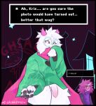anthro black_clothing black_jacket black_panties black_topwear black_underwear blush blush_lines bovid caprine claws cloak clothed clothing confusion cute_pose deltarune dialogue dialogue_box duo embarrassed embarrassed_expression embarrassed_naked_male english_text erection exhibitionism eyewear female femboy finger_claws fur genitals ghiadiz glasses goat green_cloak green_clothing handpaw hi_res horn humiliation humiliation_fetish jacket looking_at_another looking_at_viewer looking_down male male_focus mammal one_eye_closed panties panties_down partially_clothed pawpads paws penis profanity purple_clothing purple_shirt purple_t-shirt purple_topwear ralsei reptile scalie scarf shirt shy susie_(deltarune) t-shirt taking_picture text thick_thighs thighs_together thong topwear undertale_(series) underwear underwear_down wink