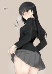  1girl amagami ayatsuji_tsukasa black_eyes black_hair black_jacket black_sailor_collar blazer blunt_bangs blush clothes_lift commentary_request from_behind frown grey_background grey_skirt gyuunyuu_pack_(tanaka) jacket kibito_high_school_uniform lifting_own_clothes long_hair long_sleeves looking_at_viewer looking_back miniskirt panties pleated_skirt sailor_collar school_uniform side-tie_panties side-tie_peek simple_background skirt skirt_lift solo straight_hair string_panties sweat thighs translation_request underwear white_panties winter_uniform 