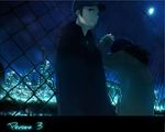  alternate_costume ayaka0415 bad_id bad_pixiv_id blue_hair city fence full_moon hat iori_junpei male_focus moon multiple_boys night persona persona_3 yuuki_makoto 