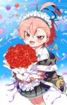  1girl ahoge balloon bandaid bandaid_on_knee bandaid_on_leg black_halo black_nails blue_archive blue_sky blush bouquet braid commentary_request confetti floral_print_jacket halo highres huge_ahoge jacket looking_at_viewer maid_headdress mole mole_under_each_eye mole_under_eye multiple_moles neru_(blue_archive) open_mouth orange_hair print_jacket red_eyes red_hair shigeta_(yankeehamama) short_hair single_braid single_tooth sky smile solo tag 