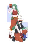  2girls alternate_costume baseball_cap black_boots black_eyes black_hair black_shirt boots brown_boots cave_story closed_mouth commentary commission cosplay crop_top curly_brace curly_brace_(cosplay) english_commentary frilled_hair_tubes frills frog_hair_ornament gloves green_eyes green_hair green_scarf gun hair_ornament hair_tubes hakurei_reimu hat highres holding holding_gun holding_weapon kochiya_sanae lace-up_boots long_hair mata_(matasoup) midriff multiple_girls navel pants quote_(cave_story) quote_(cave_story)_(cosplay) red_gloves red_hat red_pants red_shirt red_tank_top scarf shirt sleeveless sleeveless_shirt tank_top touhou weapon white_hat 