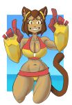 2026 5_fingers abstract_background anthro armor big_breasts bikini blue_sky blush blush_lines bob_cut breasts brown_hair cleavage clothed clothing curvy_figure day digital_drawing_(artwork) digital_media_(artwork) domestic_cat eyelashes eyewear eyewear_on_head felid feline felis female fingers fluffy fluffy_tail fur gameoverse gauntlets glitch_productions gloves goggles goggles_on_head hair handwear hi_res hourglass_figure inner_ear_fluff kit_bodega long_tail looking_at_viewer mammal navel outside red_eyes sea sky small_waist smile solo swimwear tail tan_body tan_fur teeth thechakbolay thick_thighs tuft two-piece_swimsuit v-cut voluptuous voluptuous_anthro voluptuous_female water wide_hipped_anthro wide_hipped_female wide_hips yellow_bikini yellow_clothing yellow_sclera yellow_swimwear