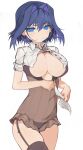  1girl alternate_costume bare_arms black_garter_straps black_hair black_thighhighs blue_eyes breasts colored_inner_hair commentary cowboy_shot cropped_shirt earrings garter_straps hair_between_eyes hair_intakes highres hololive hololive_english hoop_earrings jewelry large_breasts light_blush looking_at_viewer multicolored_hair ouro_kronii poruboto pout purple_hair shirt short_hair simple_background solo thighhighs two-tone_hair untranslatable_commentary virtual_youtuber white_background white_shirt 