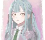  1girl absurdres bang_dream! bang_dream!_it's_mygo!!!!! bilingual_commentary black_ribbon blue_hair closed_mouth commentary green_necktie hair_ribbon haneoka_school_uniform highres long_hair looking_at_viewer miomujica mixed-language_commentary necktie ribbon school_uniform sidelocks solo togawa_sakiko yellow_eyes 