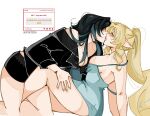  2girls amaneskou black_hair black_shirt black_shorts blonde_hair blue_dress blue_nails blue_streaks blush breasts cleavage danica_(genshin_impact) dress french_kiss genshin_impact hand_on_another's_thigh kiss large_breasts leg_between_thighs long_hair marshmallow_(site) multicolored_hair multiple_girls nipples ponytail request_inset shirt shorts strap_slip streaked_hair vesna_(genshin_impact) yuri 