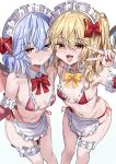  2girls alternate_costume apron bat_wings bikini blonde_hair blue_hair bow bowtie breasts commentary_request crystal crystal_wings detached_collar flandre_scarlet frilled_thigh_strap highres looking_at_viewer maid maid_bikini maid_headdress multicolored_wings multiple_girls navel notonaon one_side_up open_mouth partial_commentary pink_bikini red_bikini red_bow red_bowtie red_eyes remilia_scarlet simple_background smile stomach swimsuit thigh_strap thighs touhou unconventional_maid v waist_apron white_apron white_background wings yellow_bow yellow_bowtie 