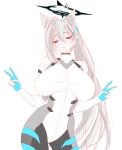  1girl absurdres ahoge alternate_breast_size_(larger) alternate_costume animal_ear_fluff animal_ears blue_archive blue_eyes blush bodysuit breasts breasts_apart broken_halo cassava_sketch commentary contrapposto covered_navel cowboy_shot cross cross_hair_ornament diamond-shaped_pupils diamond_(shape) double_v extra_ears hair_between_eyes hair_intakes hair_ornament halo hands_up high_ponytail highres huge_ahoge huge_breasts inverted_cross long_hair looking_ahead looking_down mismatched_pupils multicolored_bodysuit parted_lips ponytail shiroko_(blue_archive) shiroko_terror_(blue_archive) simple_background solo standing symbol-shaped_pupils v very_long_hair white_background white_hair wolf_ears wolf_girl 