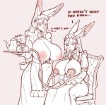 anthro areola big_breasts big_ears blush bodily_fluids bottomwear breasts celebelian chair clothing dialogue dress duo embarrassed english_text exposed_breasts female female/female furniture huge_breasts hyper hyper_breasts lactating lagomorph leporid machine maid_headdress maid_uniform mammal milk milking_machine neutral_expression nipples rabbit rabbit_ears serving_tray sitting skirt sweat sweatdrop teapot text uniform