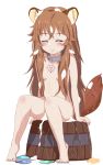  1girl ^_^ absurdres aizimpjh animal_ears barefoot barrel bath blush breasts brown_hair closed_eyes collar eyes_closed feet full_body girl_on_top hair_over_breasts happy highres long_hair nude open_mouth raccoon_ears raccoon_tail raphtalia sidelocks sitting slave_tattoo small_breasts smile solo stomach tail tate_no_yuusha_no_nariagari tattoo wet 