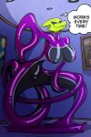 abstract_art anthro big_breasts black_sclera breasts dialogue english_text fangs female flesh_fang floor furrowed_eyebrows fused_clothing hi_res huge_breasts inanimate_transformation kobold living_latex miranda_(thedrunkastronaut) mona_lisa_(painting) museum nipple_outline painting_(object) purple_eyes sachasketchy scalie smile smirk solo teeth text the_starry_night thought_bubble tile tile_floor transformation