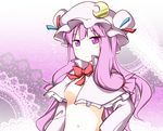  breasts capelet crescent dress hair_ribbon long_hair medium_breasts midriff navel no_nipples open_clothes open_dress patchouli_knowledge purple_eyes purple_hair ribbon rioshi sideboob solo touhou 