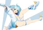  1girl :d absurdres ahoge ass bikini blue_hair breasts cleavage commentary derringer earrings finger_on_trigger full_body gun handgun highres holding holding_gun holding_weapon jacket jewelry leg_lift looking_at_viewer medium_breasts nekosame00 open_clothes open_jacket orange_nails red_eyes sandals shell shell_earrings shiranami_ramune shiratama_(shiranami_ramune) side_ponytail smile solo striped_bikini striped_clothes swimsuit thigh_strap thighs virtual_youtuber vspo! weapon 