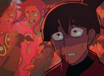  1girl 3boys bandaid bandaid_on_face bandaid_on_nose black_hair black_sclera blonde_hair blood blood_on_face buck_teeth cal_(electro_andes) colored_sclera crystal electro_andes gloves highres horrified jally8498 kiwi_(electro_andes) multicolored_hair multiple_boys old old_man open_mouth pietro_(electro_andes) shirt tata_(electro_andes) teeth two-tone_hair yellow_shirt 