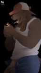 2026 absurd_res anthro balls baseball_cap biceps black_background black_eyes blue_bottomwear blue_clothing blue_jeans blue_pants bottomwear brown_body brown_fur brown_hair brown_nose canid canine canis cigarette claws clothing denim denim_bottomwear denim_clothing domestic_dog fire floppy_ears fur genitals hair hat headgear headwear hi_res jeans lighter male mammal muscular muscular_male nagai pants penis shirt signature simple_background solo tank_top teeth topwear white_clothing white_shirt white_tank_top white_topwear
